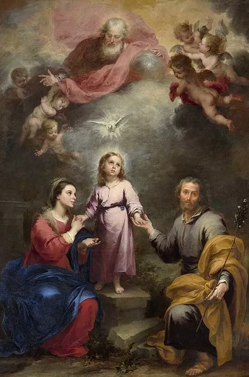 The child Christ standing between Mary and Joseph on earth, and beneath the Father and the dove of the Holy Spirit in heaven.