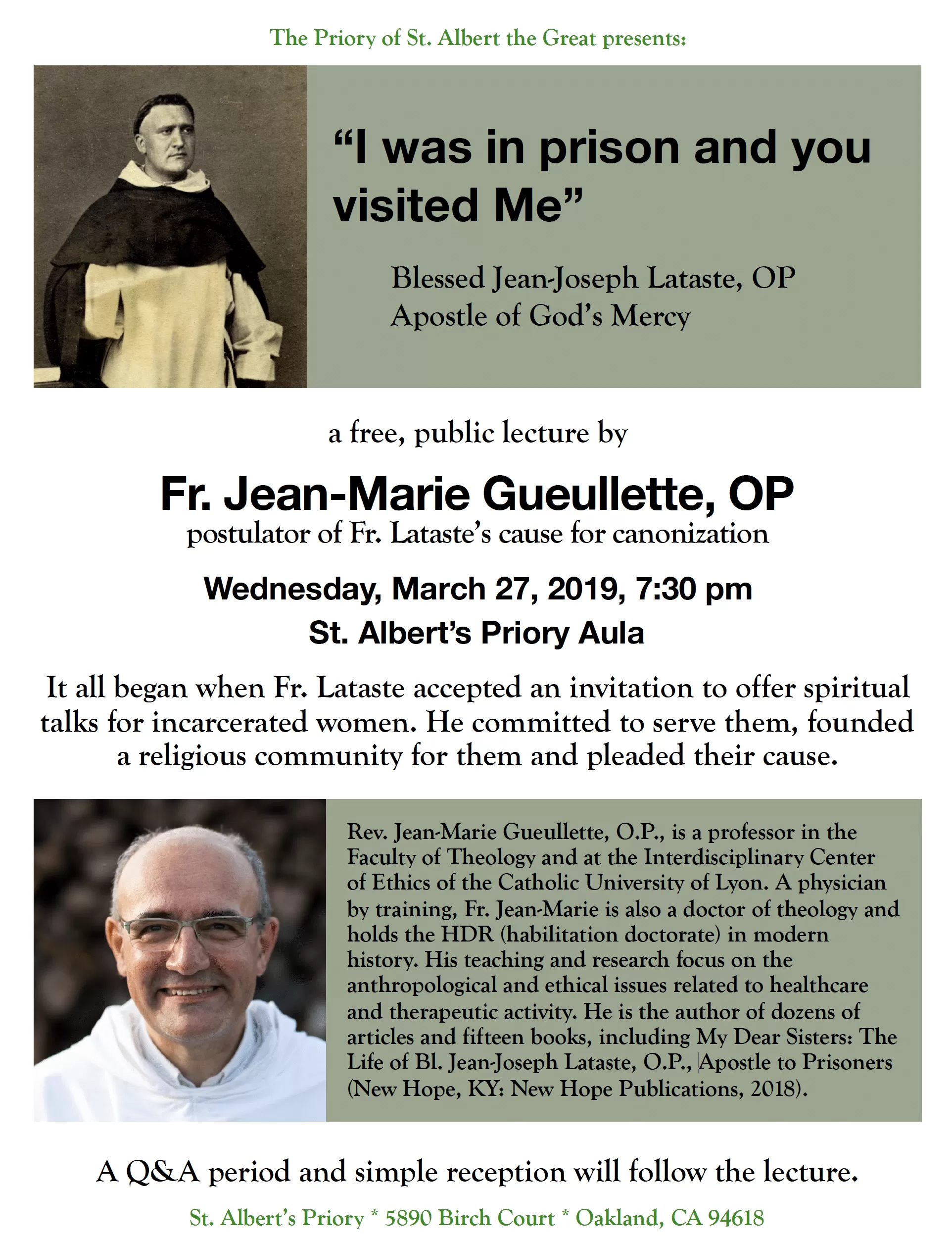 St. Albert's Priory Lecture on Blessed Jean-Joseph Lataste, O.P. | March 27, 2019